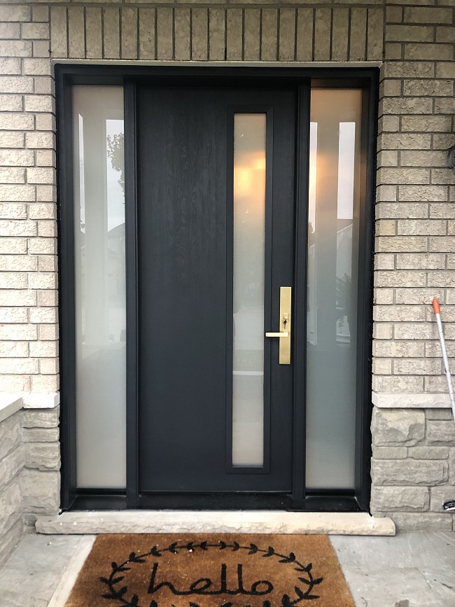 modern style black door with frosted sidelights