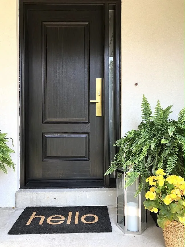 Dark woodgrain two-panel entry door with brass handle and a welcome mat, storm door installation in Vaughan